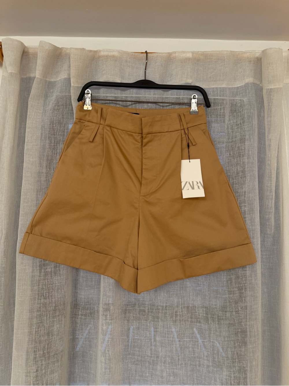 NWT ZARA High-Rise Tailored Khaki Cuff Shorts